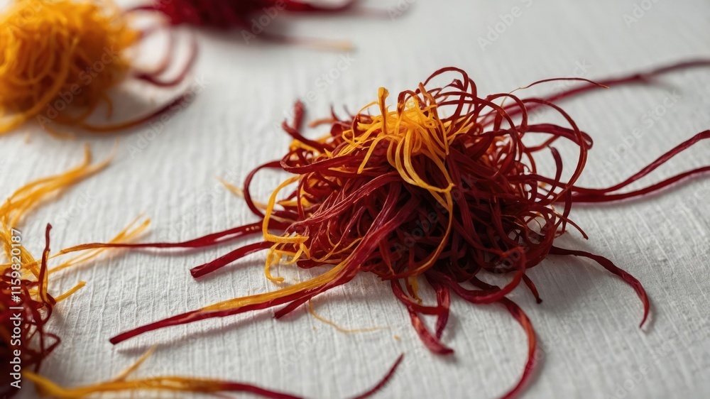 A close-up of vibrant saffron strands showcasing their unique texture and color. A close-up of vibrant saffron strands showcasing their unique texture and color.