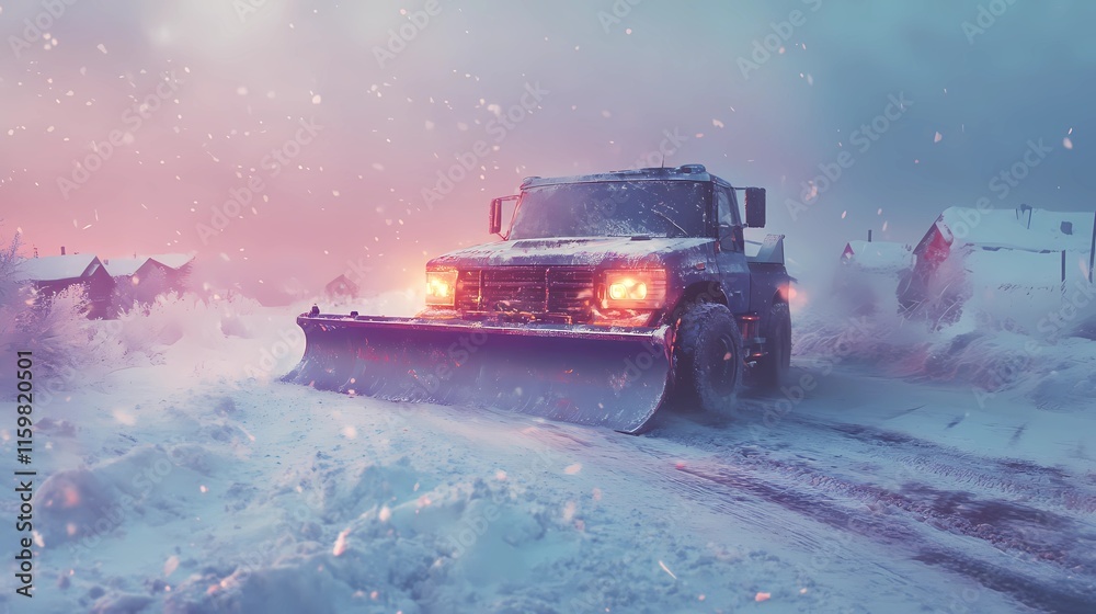 Winter road maintenance snowplow clearing urban streets, showcasing its efficiency, depicted in a polished, high-detail illustration style Winter road maintenance snowplow clearing urban streets, showcasing its efficiency, depicted in a polished, high-detail illustration style