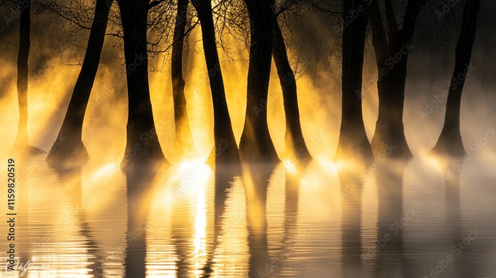 Naklejka premium A serene landscape featuring silhouetted trees emerging from mist, illuminated by a warm golden light reflecting on the water.