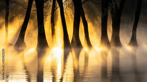 A serene landscape featuring silhouetted trees emerging from mist, illuminated by a warm golden light reflecting on the water.