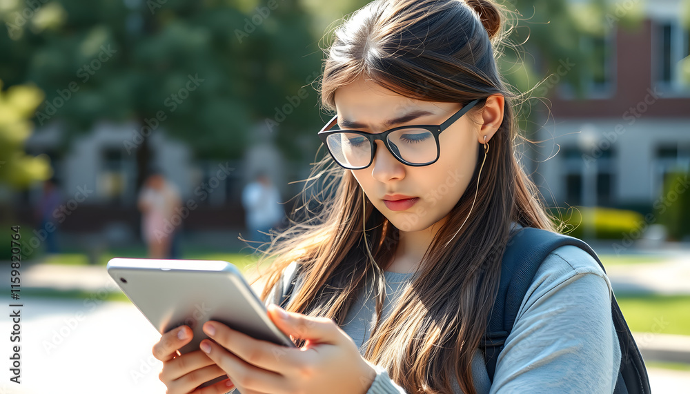 Fototapeta premium portrait of young sad upset college or university student girl looking at screen of her tablet computer, using laptop in glasses outdoors at campus. Eyes, vision problems, poor bad eyesight isolated