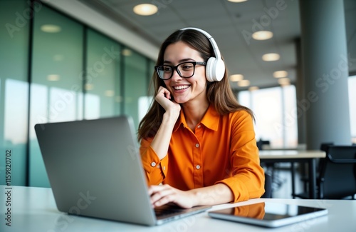 Young woman working on laptop inside modern office. Wears stylish orange shirt, headphones. Woman smiling, listening to online podcast audio course. Sits at workplace in contemporary office. Enjoying photo