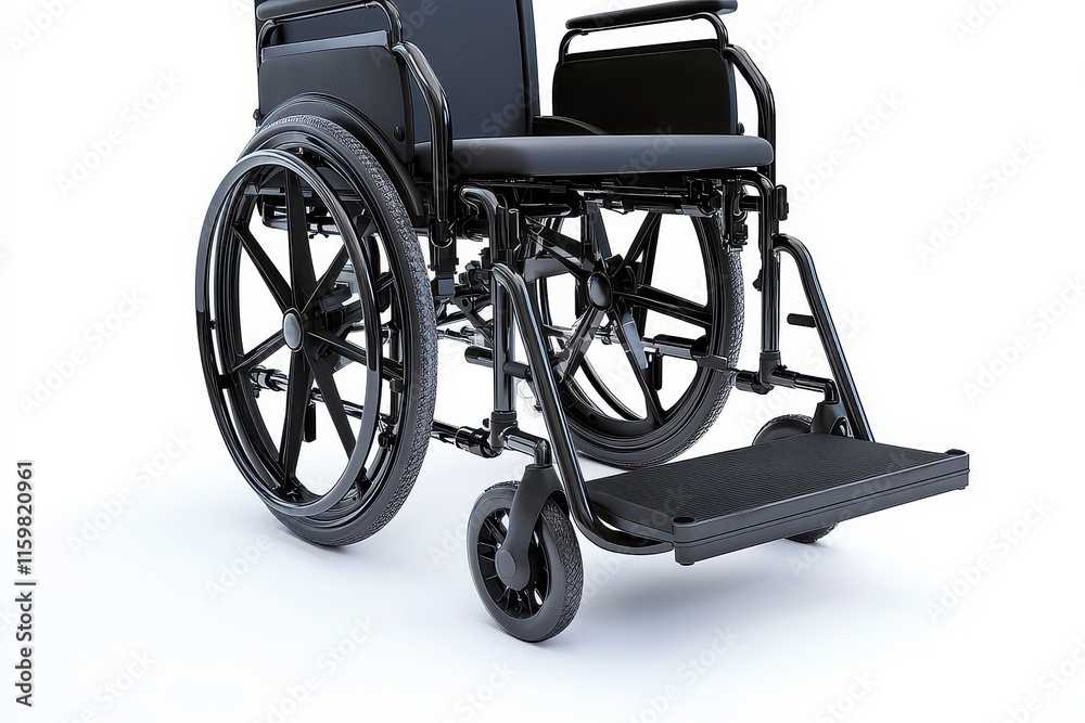 Fototapeta premium A black wheelchair with large wheels and footrests, designed for mobility assistance.