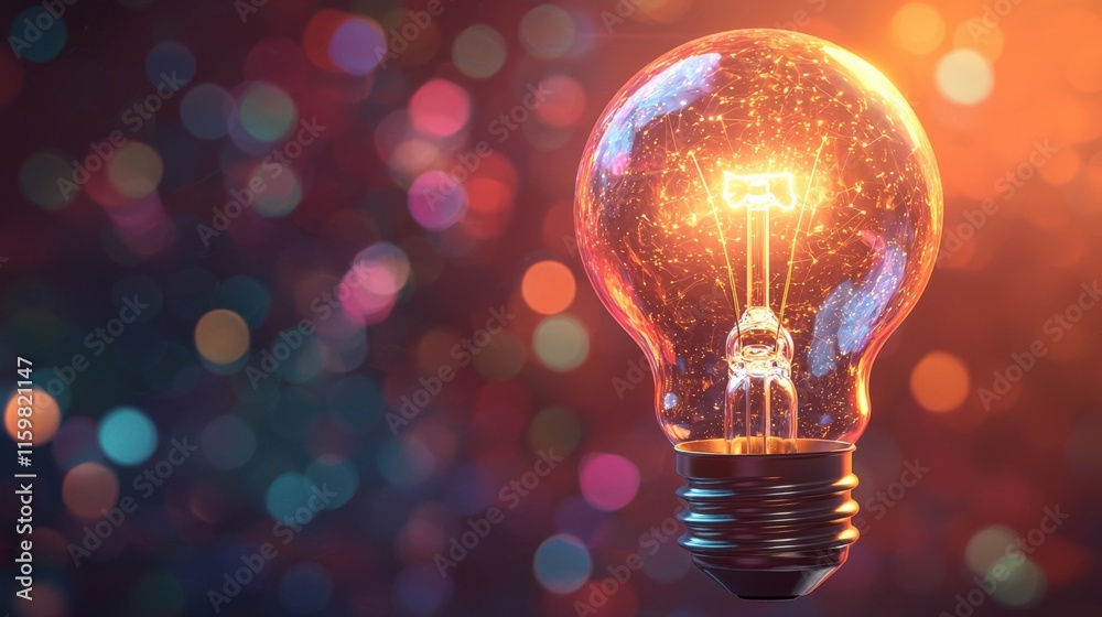 Illuminated Light Bulb Against Colorful Bokeh Illuminated Light Bulb Against Colorful Bokeh
