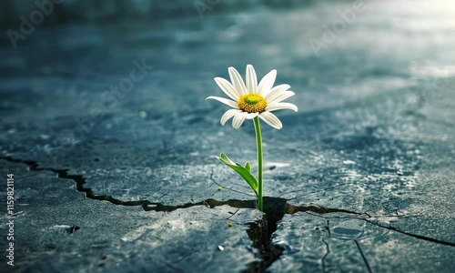 Single white daisy growing through crack in asphalt, symbolizing resilience and hope