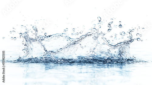 Symmetrical water splash with droplets and ripples on a reflective surface, set against a clean transparent background