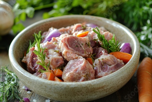 Pre cooked beef tripe with vegetables and herbs in a bowl ready to cook photo