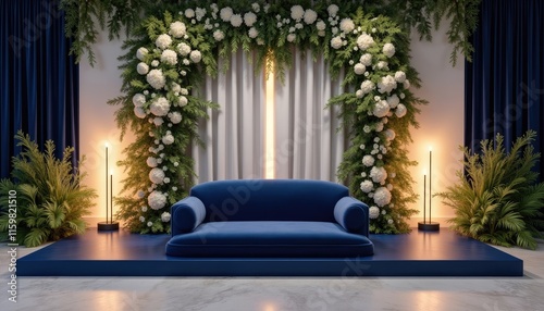  A blue sofa with white cushions sits on a blue stage, flanked by two black lamps, with a floral arch and greenery in the background.