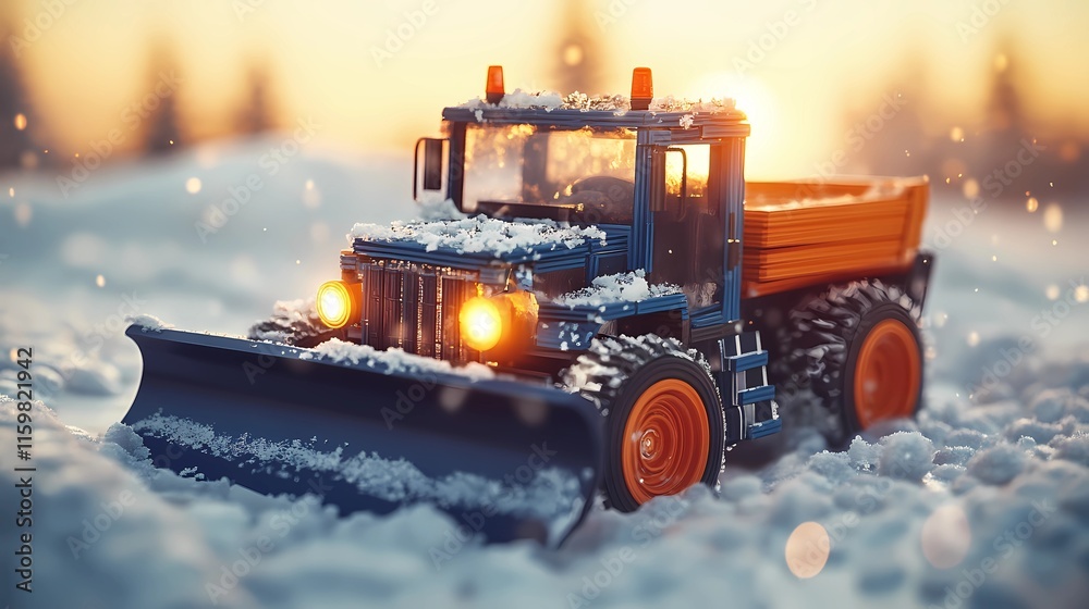Snow-clearing vehicle pushing snow off the streets, ensuring clear routes for drivers, depicted in a clean and minimal illustration style