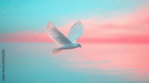 White dove in flight at sunset.