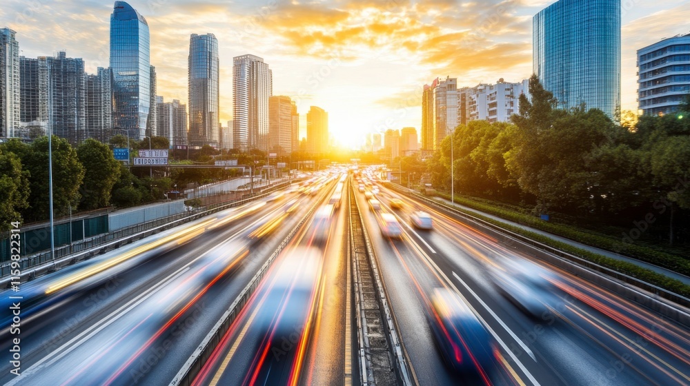 Fototapeta premium Vibrant City Skyline with Busy Freeway at Sunset