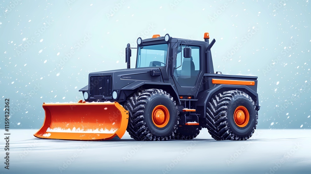 Snow-clearing vehicle pushing snow off the streets, ensuring clear routes for drivers, depicted in a clean and minimal illustration style Snow-clearing vehicle pushing snow off the streets, ensuring clear routes for drivers, depicted in a clean and minimal illustration style