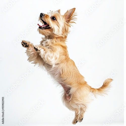 Energetic tan yorkshire terrier leaping mid-air with joyful expression