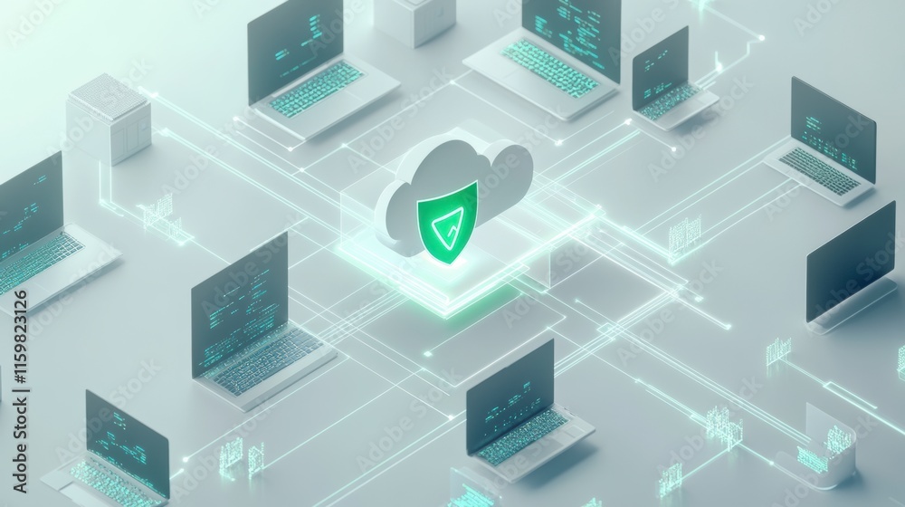 Cloud computing security network illustration showcasing interconnected laptops, emphasizing data protection, cybersecurity, and efficient digital infrastructure management. Cloud computing security network illustration showcasing interconnected laptops, emphasizing data protection, cybersecurity, and efficient digital infrastructure management.