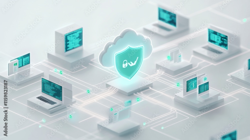 Secure cloud computing concept showcasing data protection, cybersecurity, and network integration for enhanced business solutions and IT management. Secure cloud computing concept showcasing data protection, cybersecurity, and network integration for enhanced business solutions and IT management.
