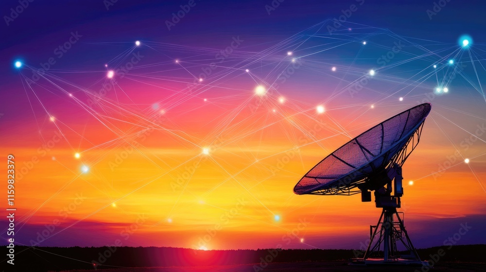 Satellite Dish Transmitting Signals Against Vibrant Sunset Sky Satellite Dish Transmitting Signals Against Vibrant Sunset Sky