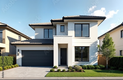 Modern house in new residential area. Exterior view of newly built home. White facade with dark roof, garage door. Landscaping around house includes well-maintained gardens, grass. Residential estate