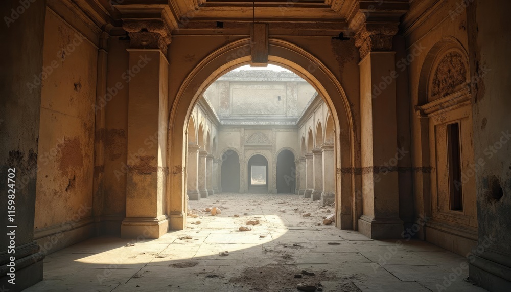 An arched doorway leads to a courtyard with columns and arches, bathed in sunlight and revealing a glimpse of a distant building. An arched doorway leads to a courtyard with columns and arches, bathed in sunlight and revealing a glimpse of a distant building.