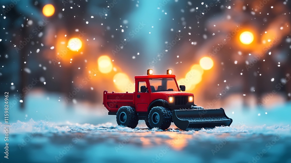 Snow-clearing vehicle pushing snow off the streets, ensuring clear routes for drivers, depicted in a clean and minimal illustration style Snow-clearing vehicle pushing snow off the streets, ensuring clear routes for drivers, depicted in a clean and minimal illustration style