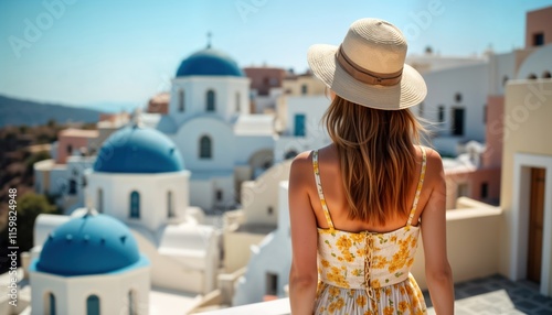 Woman in summer dress looks at famous European landmark. Tourist enjoys vacation in historic city. Charming architecture, beautiful view. Summertime journey, relaxed, elegant style. Woman wears