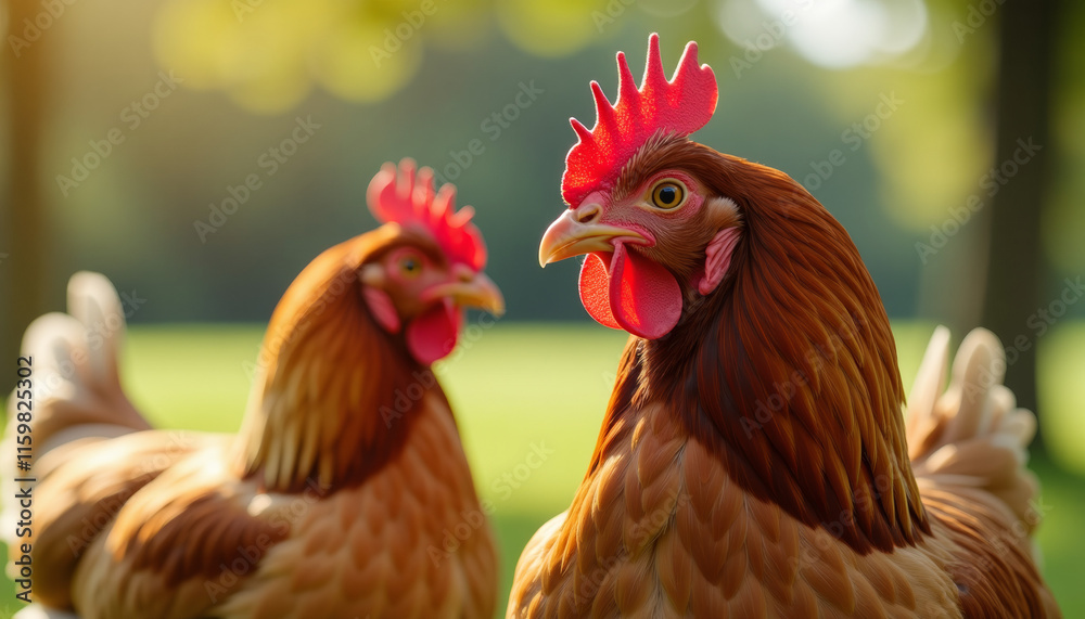 Fototapeta premium Two Beautiful Chickens in a Sunny Meadow