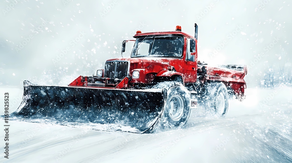 Snow-clearing vehicle pushing snow off the streets, ensuring clear routes for drivers, depicted in a clean and minimal illustration style Snow-clearing vehicle pushing snow off the streets, ensuring clear routes for drivers, depicted in a clean and minimal illustration style