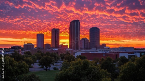 Wallpaper Mural A vibrant sunset over a city skyline, with dramatic clouds and silhouettes of tall buildings. Torontodigital.ca