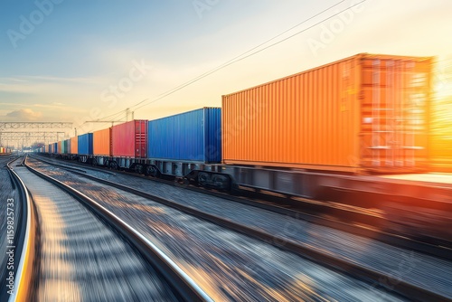 A freight train carrying colorful shipping containers along curved tracks at sunset.