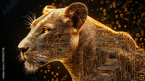 profile of a lion overlaid with glowing gold circuits symbolizing technology strength and innovation in a futuristic style
 photo