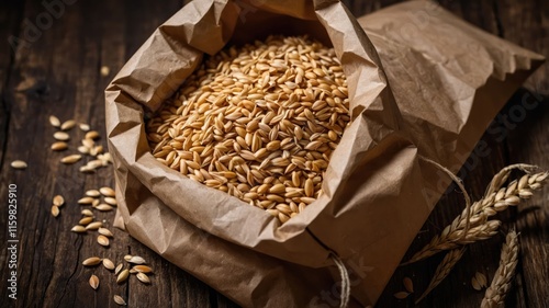 A bag of grains filled with wheat, resting on a wooden surface. photo