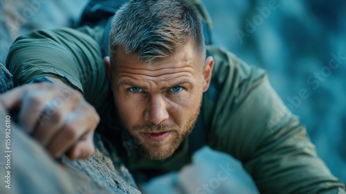 The mountain climber clings to the jagged edge of the cliff face, his fingers white-knuckled and his muscles straining   photo