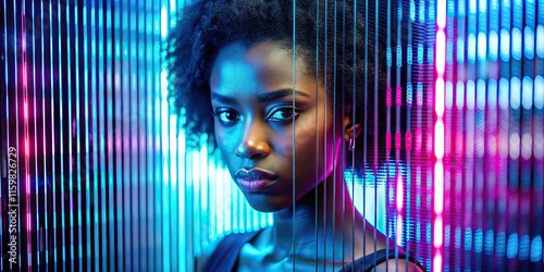 Neon red and pink Beautiful girl. Glitched and corrupted female face. Reeded Glass. Ribbed Background. Digital woman face for AI technology concept. Model hidden behind mirror pattern.