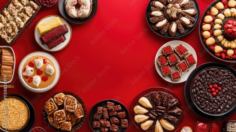 Delicious Array of Assorted Desserts on a Bright Red Background Delicious Array of Assorted Desserts on a Bright Red Background