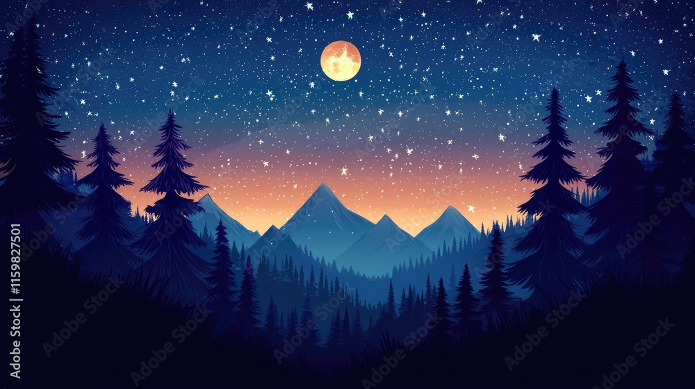 Naklejka premium Silhouetted Pine Trees and Mountains Under a Starry Night Sky
