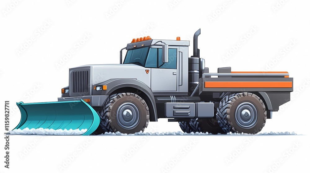 Snow-clearing vehicle pushing snow off the streets, ensuring clear routes for drivers, depicted in a clean and minimal illustration style Snow-clearing vehicle pushing snow off the streets, ensuring clear routes for drivers, depicted in a clean and minimal illustration style