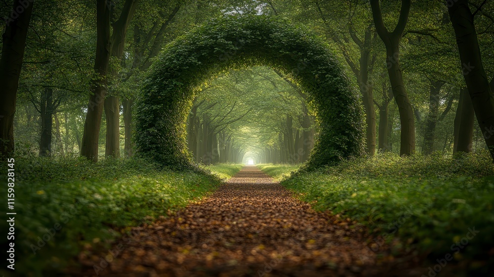 Obraz premium Mystical forest path with a leafy archway leading to a bright light.