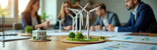 Business team discusses eco-friendly projects. Professionals collaborate on sustainable energy solutions. Models of wind turbines, houses illustrate ideas. Indoor workspace. Eco-friendly buildings,