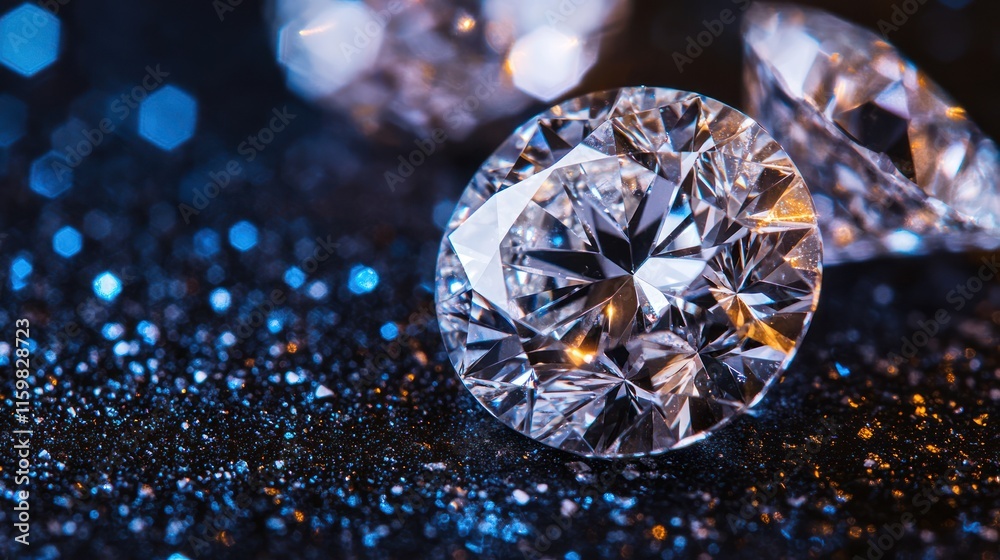 Fototapeta premium Sparkling diamonds on dark glitter background.