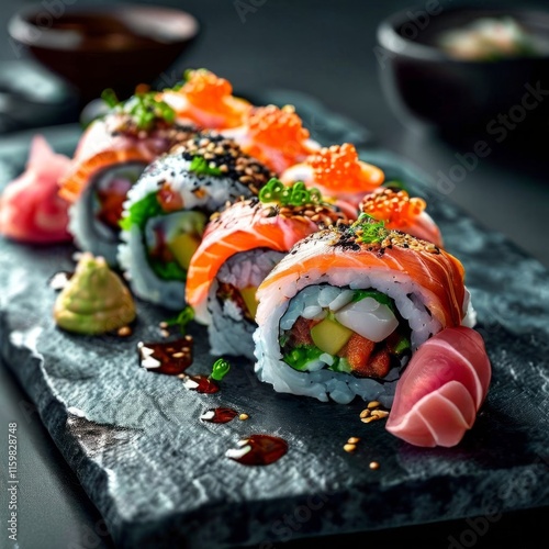 Exquisite sushi rolls topped with salmon, garnished with herbs and spices. Captivating image for food enthusiasts, chefs, and online platforms focusing on gourmet dining experiences.