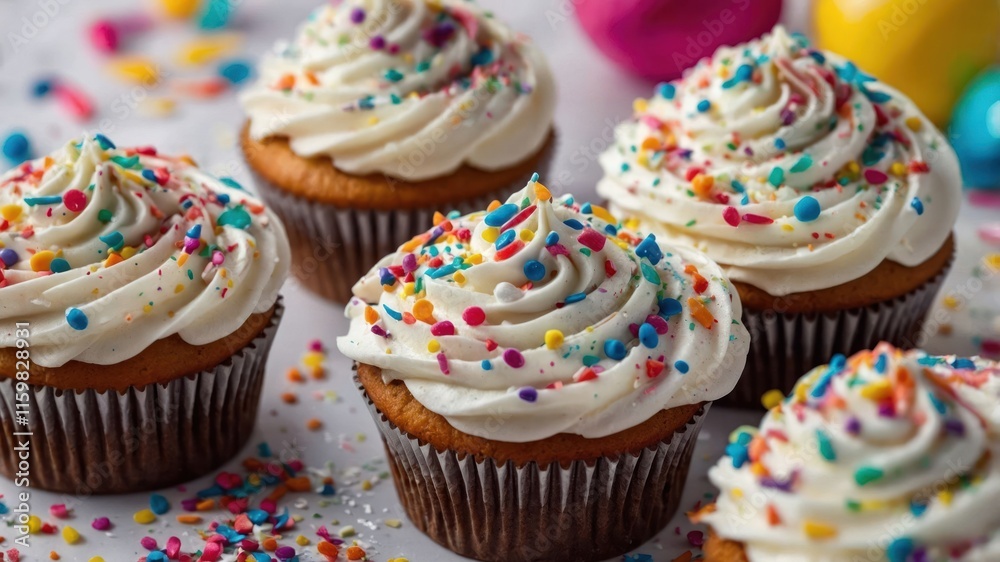 A collection of colorful cupcakes topped with frosting and sprinkles on a festive background. A collection of colorful cupcakes topped with frosting and sprinkles on a festive background.
