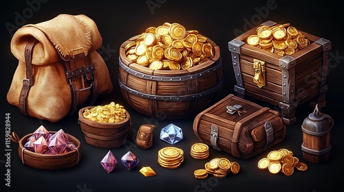 A Collection Of Game Assets Depicting Treasure And Gold photo