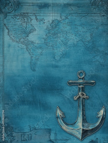 Nautical anchor against a vintage map background for creative design elements and text placement. Generative AI photo