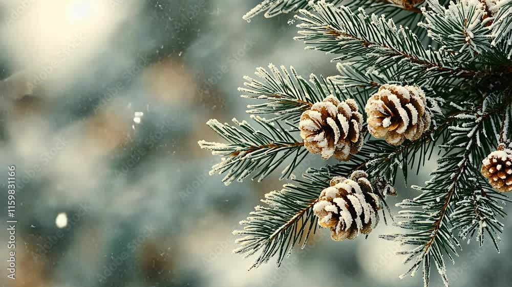 Coniferous tree branch with cones covered with snow in winter.