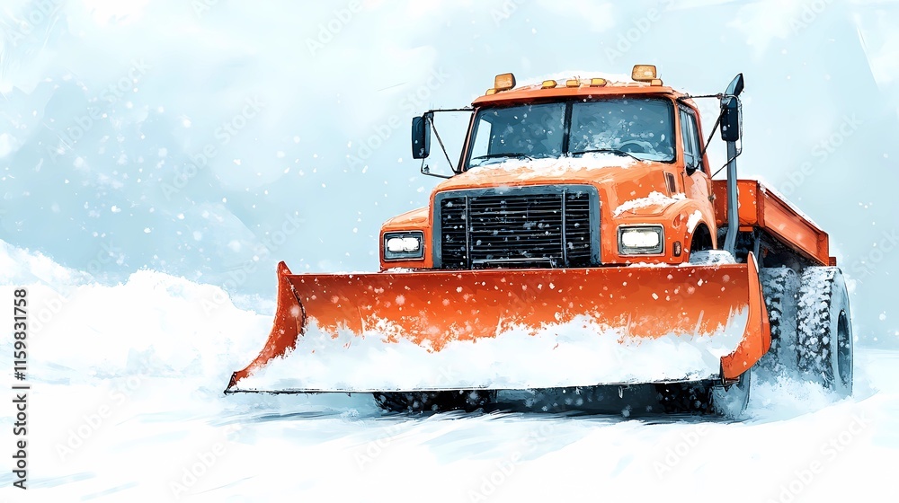 Snowplow clearing snowy roads, essential for winter road maintenance operations. Snowplow clearing snowy roads, essential for winter road maintenance operations.