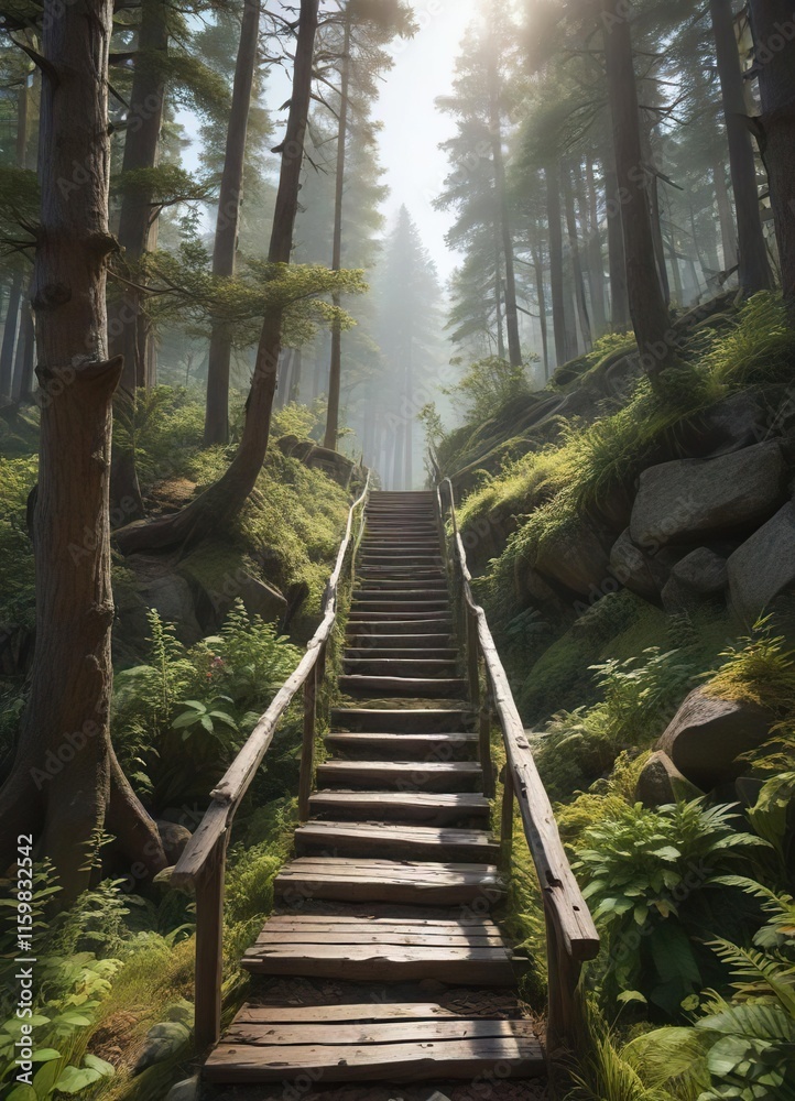 Obraz premium The weathered wooden staircase blends perfectly into the surrounding landscape as one ascends up to the forest summit , nature trail, woodland step, tree-lined arch