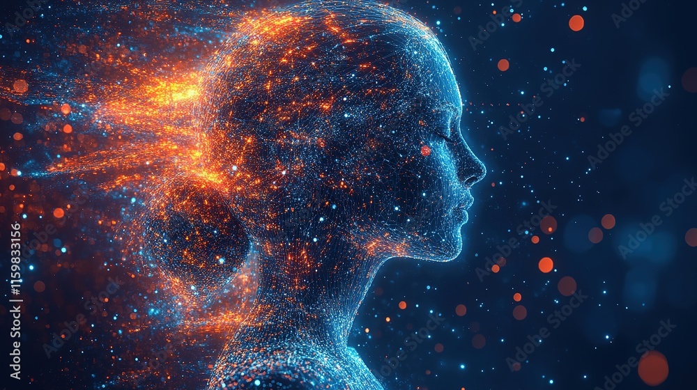 Digital transformation of human consciousness futuristic setting abstract art neon glow profile view exploration of identity Digital transformation of human consciousness futuristic setting abstract art neon glow profile view exploration of identity