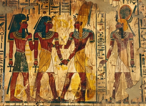 Ancient Egyptian wall painting depicting figures in elaborate headdresses and attire, hieroglyphics, and decorative elements.