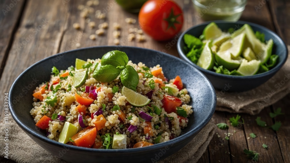 A colorful quinoa salad with vegetables and lime, served in a rustic setting. A colorful quinoa salad with vegetables and lime, served in a rustic setting.