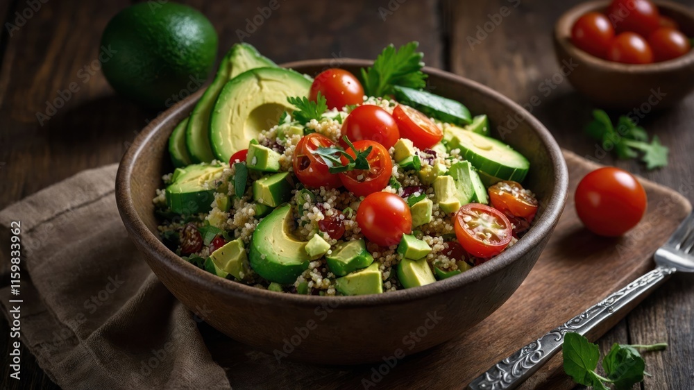 A vibrant quinoa salad featuring avocado, cherry tomatoes, and fresh herbs in a wooden bowl. A vibrant quinoa salad featuring avocado, cherry tomatoes, and fresh herbs in a wooden bowl.