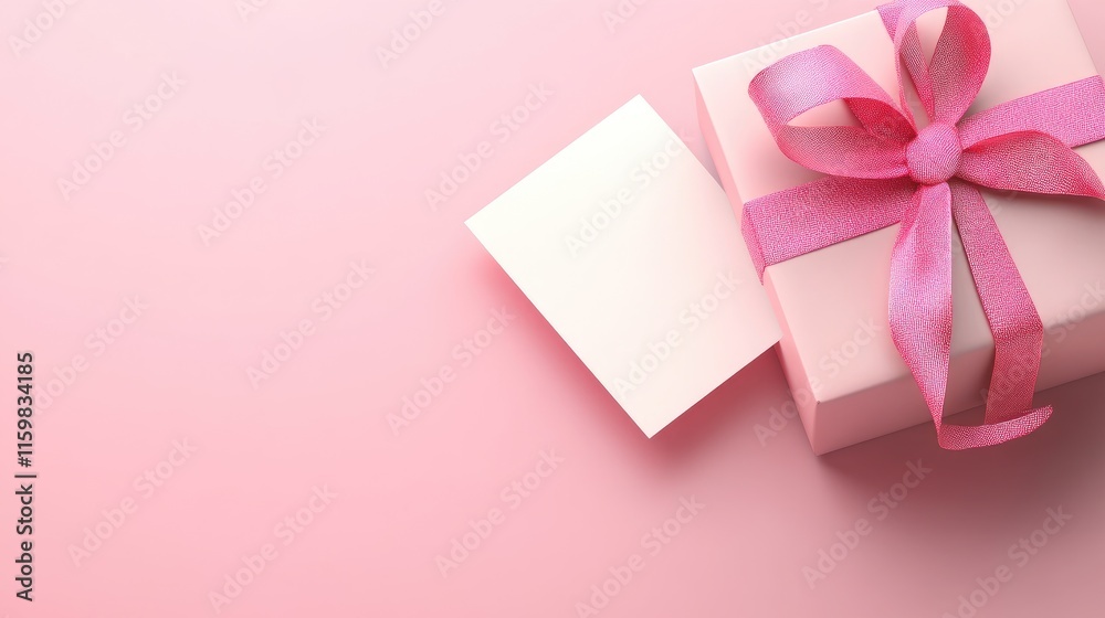 Gift Box with Pink Ribbon and Empty Card on Soft Pink Background Gift Box with Pink Ribbon and Empty Card on Soft Pink Background